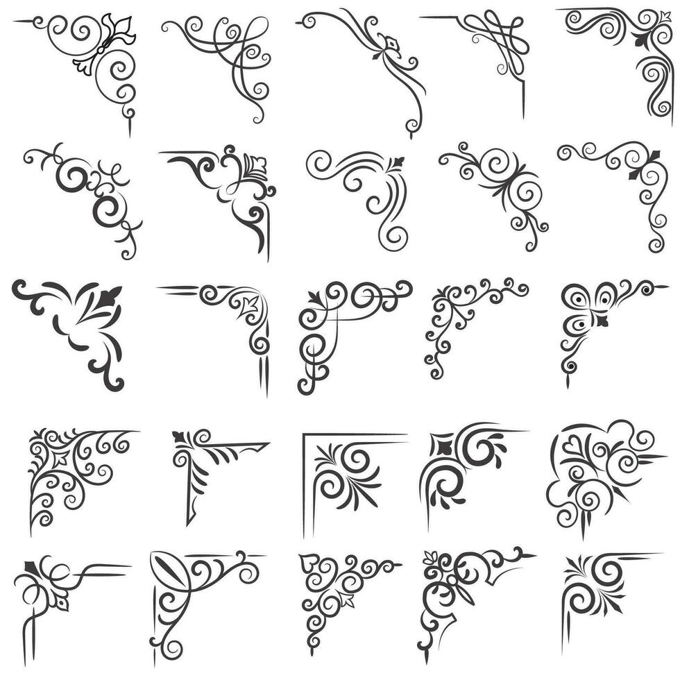 Vector illustration of decorative corner frame set. Set Hand Draw of Corners Different Shapes Flower Decoration Vector Design Doodle Sketch Style For Wedding And Banner