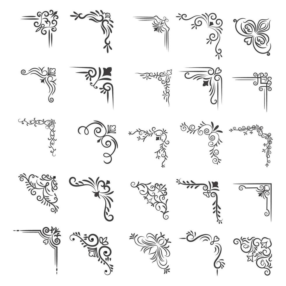 Vector illustration of decorative corner frame set. Set Hand Draw of Corners Different Shapes Flower Decoration Vector Design Doodle Sketch Style For Wedding And Banner