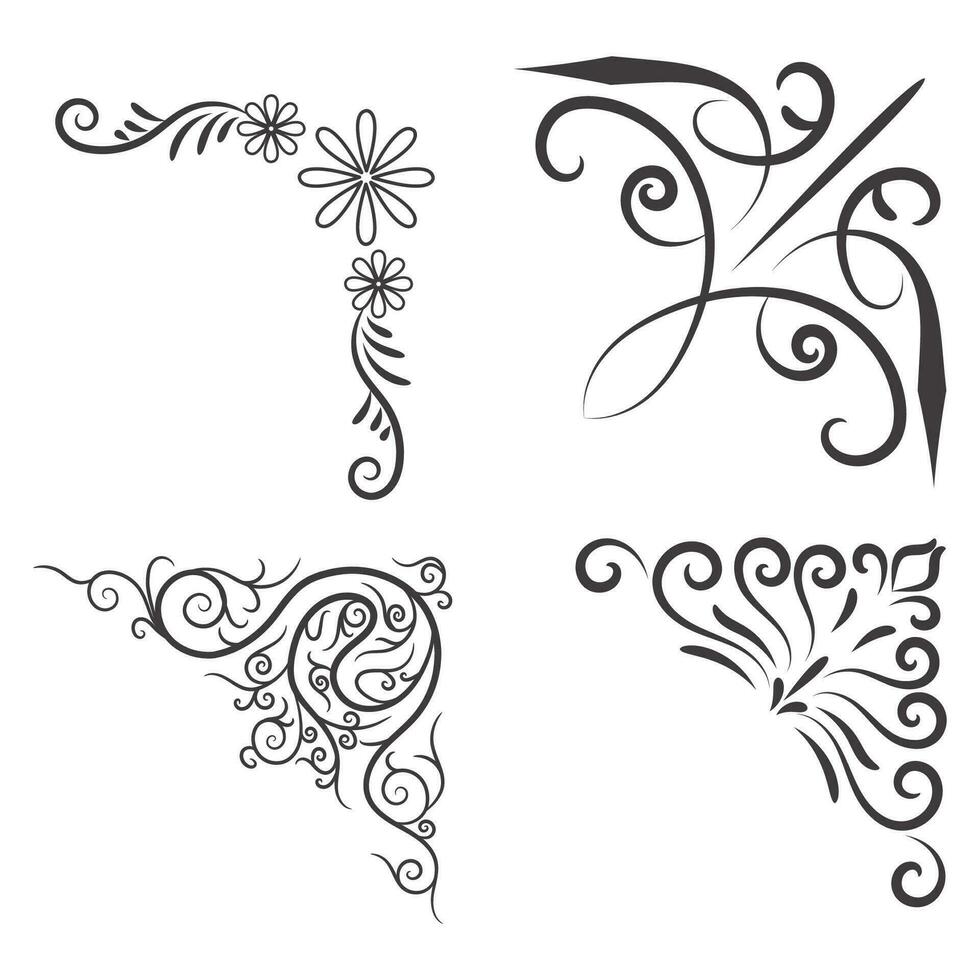 Vector illustration of decorative corner frame set. Set Hand Draw of Corners Different Shapes Flower Decoration Vector Design Doodle Sketch Style For Wedding And Banner