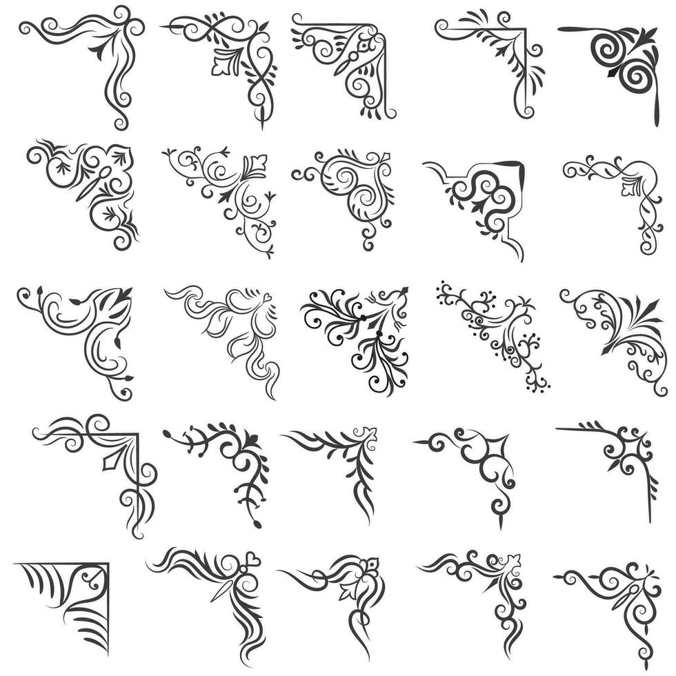 Vector illustration of decorative corner frame set. Set Hand Draw of Corners Different Shapes Flower Decoration Vector Design Doodle Sketch Style For Wedding And Banner