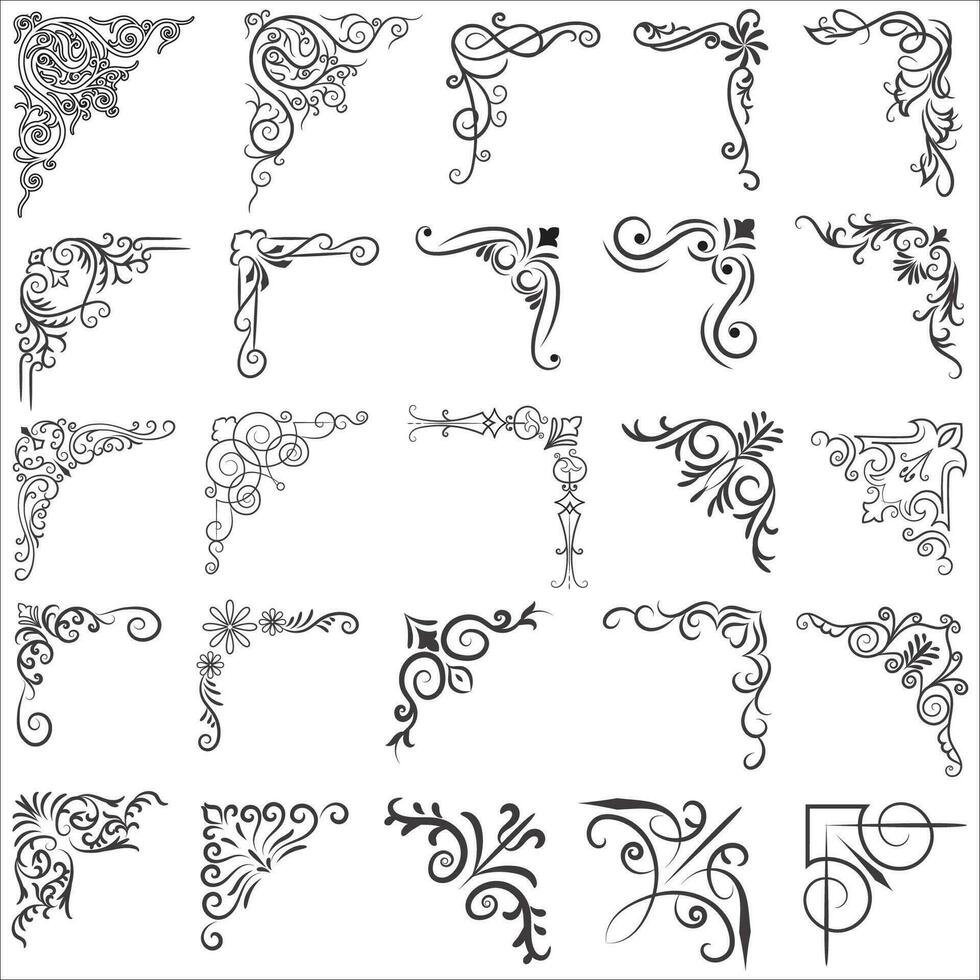 Vector illustration of decorative corner frame set. Set Hand Draw of Corners Different Shapes Flower Decoration Vector Design Doodle Sketch Style For Wedding And Banner