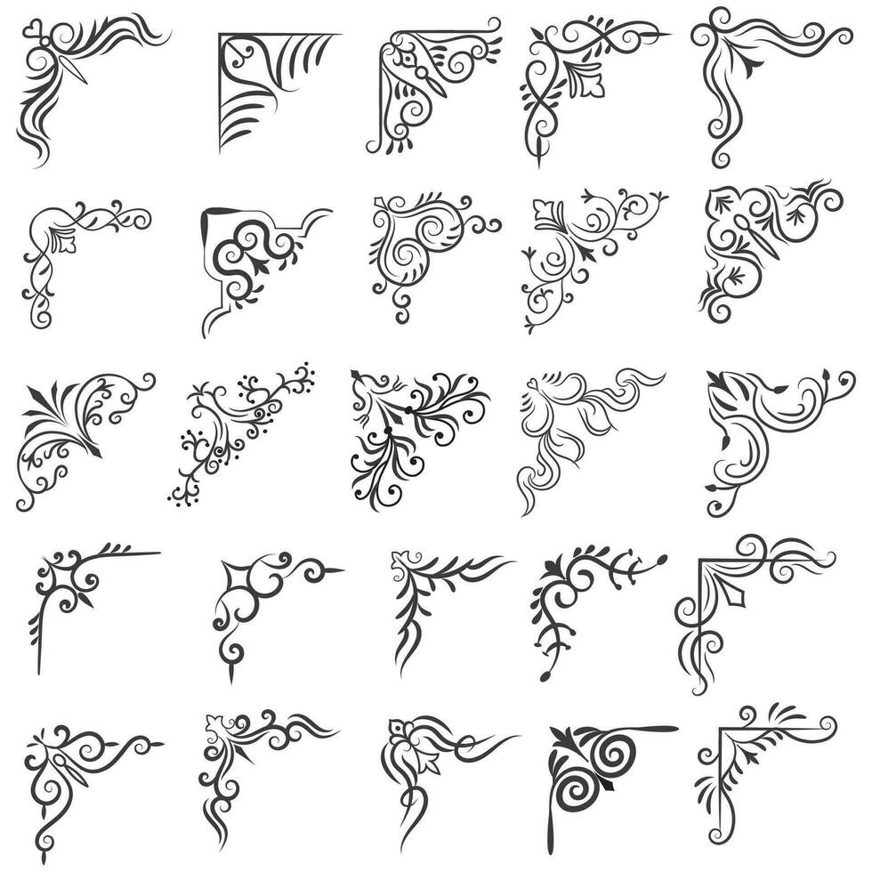 Vector illustration of decorative corner frame set. Set Hand Draw of Corners Different Shapes Flower Decoration Vector Design Doodle Sketch Style For Wedding And Banner