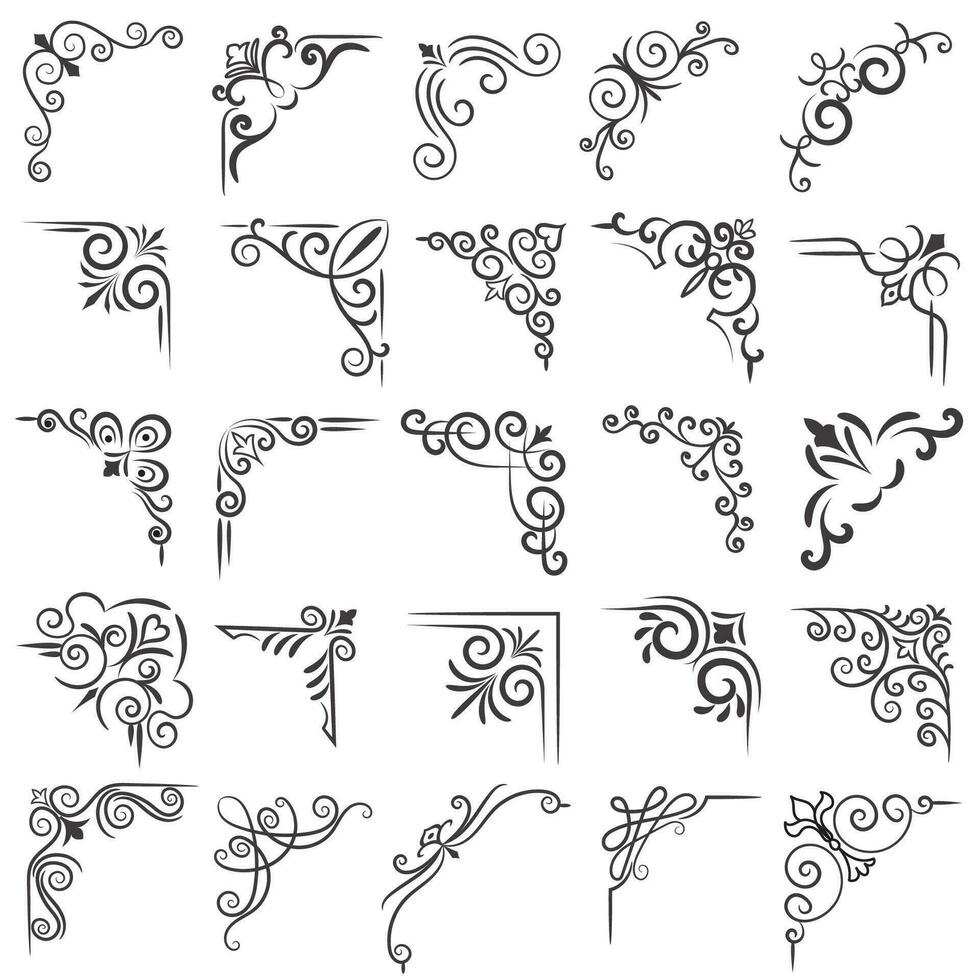 Vector illustration of decorative corner frame set. Set Hand Draw of Corners Different Shapes Flower Decoration Vector Design Doodle Sketch Style For Wedding And Banner