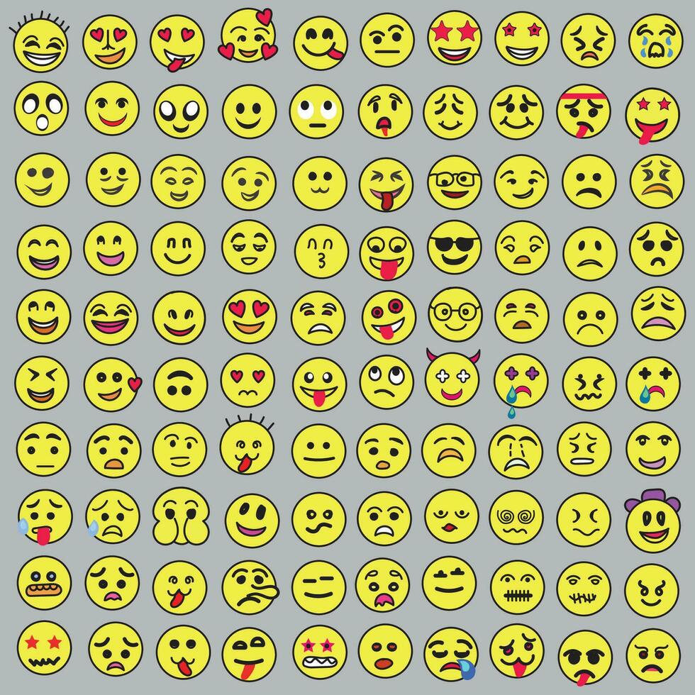 conjunto de emoticonos conjunto de emojis sonrisa iconos, gracioso dibujos animados amarillo emoji y emociones icono recopilación. estado animico y facial emoción iconos llanto, sonrisa, reír, alegre, triste, enojado y contento caras, vector