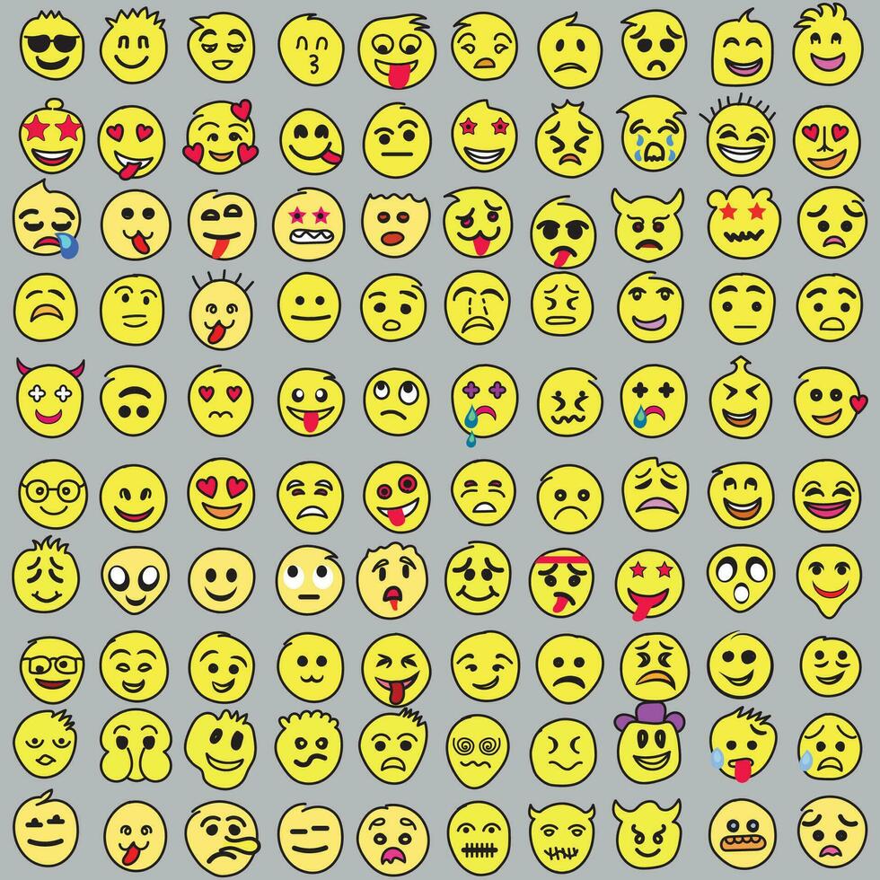 conjunto de emoticonos conjunto de emojis sonrisa iconos, gracioso dibujos animados amarillo emoji y emociones icono recopilación. estado animico y facial emoción iconos llanto, sonrisa, reír, alegre, triste, enojado y contento caras, vector