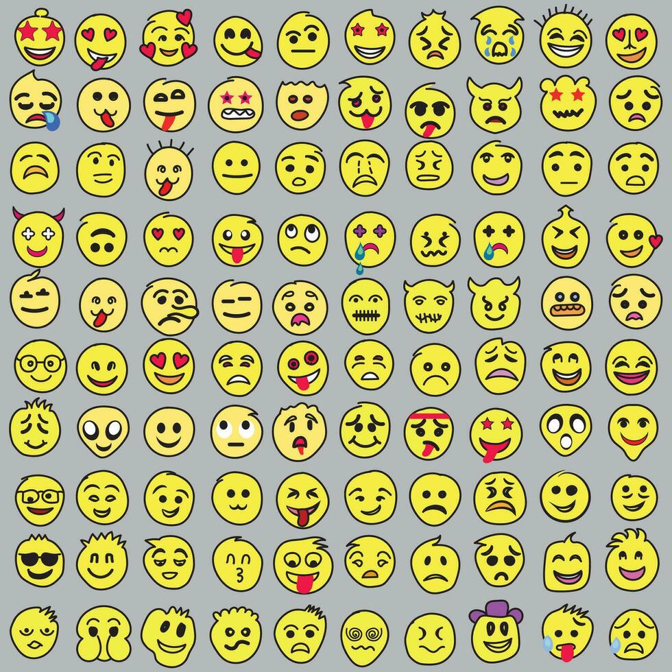 conjunto de emoticonos conjunto de emojis sonrisa iconos, gracioso dibujos animados amarillo emoji y emociones icono recopilación. estado animico y facial emoción iconos llanto, sonrisa, reír, alegre, triste, enojado y contento caras, vector