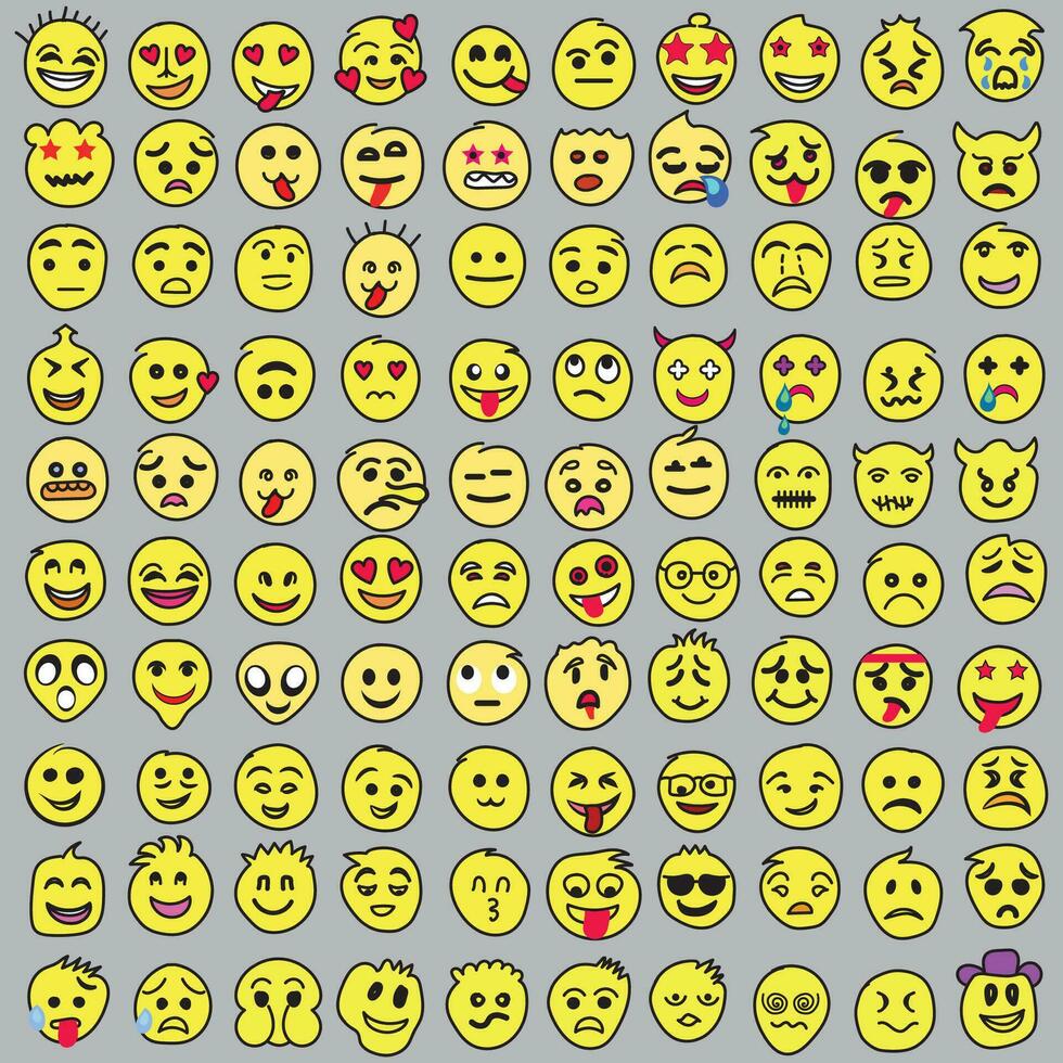 Set of Emoticons. Set of Emoji. Smile icons, Funny cartoon yellow emoji and emotions icon collection. Mood and facial emotion icons. Crying, smile, laughing, joyful, sad, angry and happy faces, vector