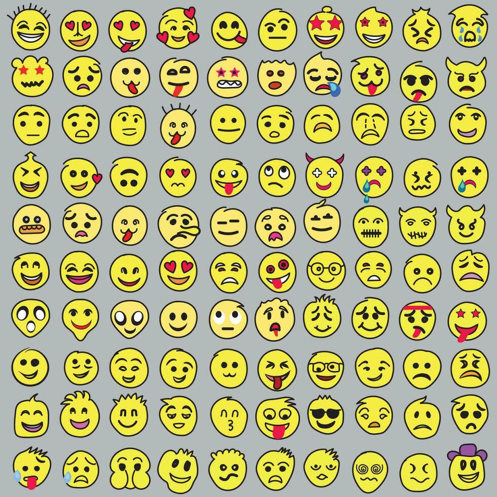 Set of Emoticons. Set of Emoji. Smile icons, Funny cartoon yellow emoji and emotions icon collection. Mood and facial emotion icons. Crying, smile, laughing, joyful, sad, angry and happy faces, vector