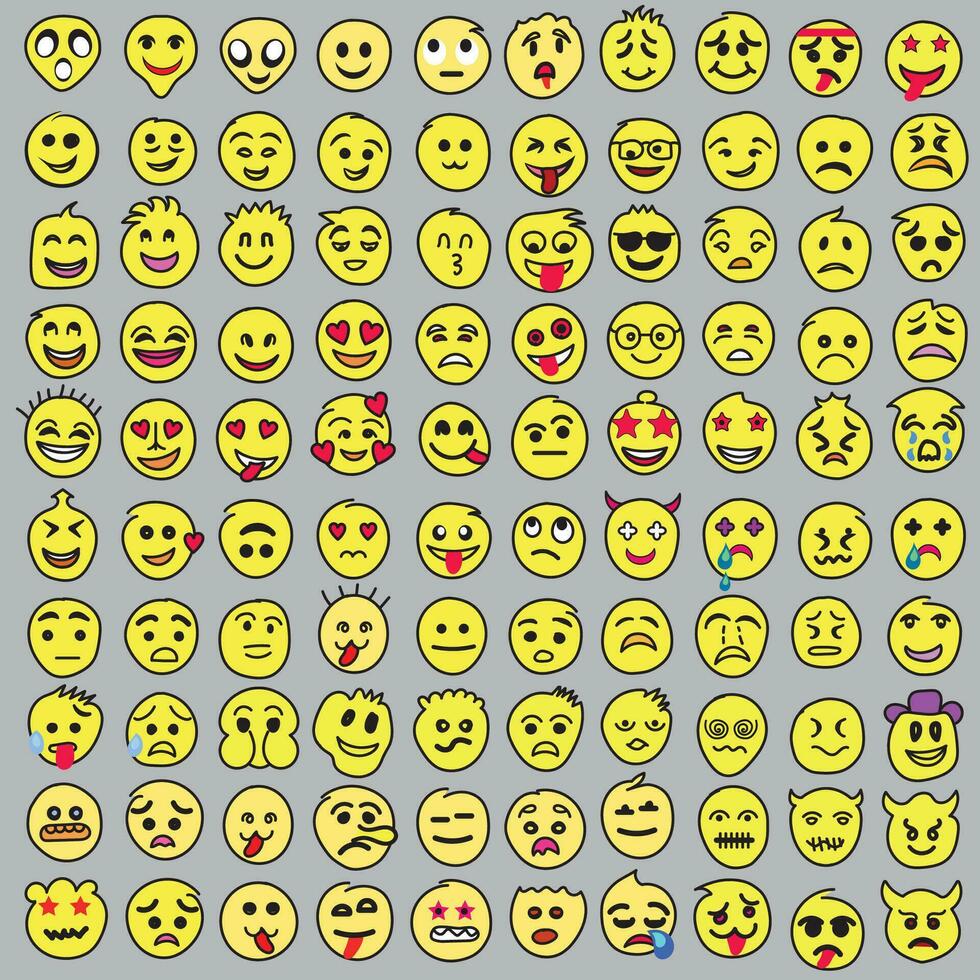 conjunto de emoticonos conjunto de emojis sonrisa iconos, gracioso dibujos animados amarillo emoji y emociones icono recopilación. estado animico y facial emoción iconos llanto, sonrisa, reír, alegre, triste, enojado y contento caras, vector