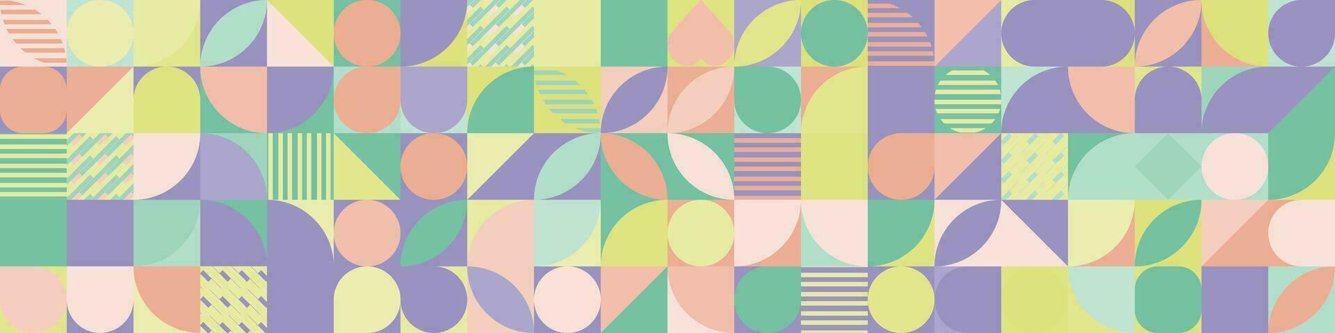 Abstract Geometric Punchy Vector Art Banner. Colorful and smooth geometric pattern banner in Lavender, Coral, Lemon, Seafoam Green. Vector Illustration.