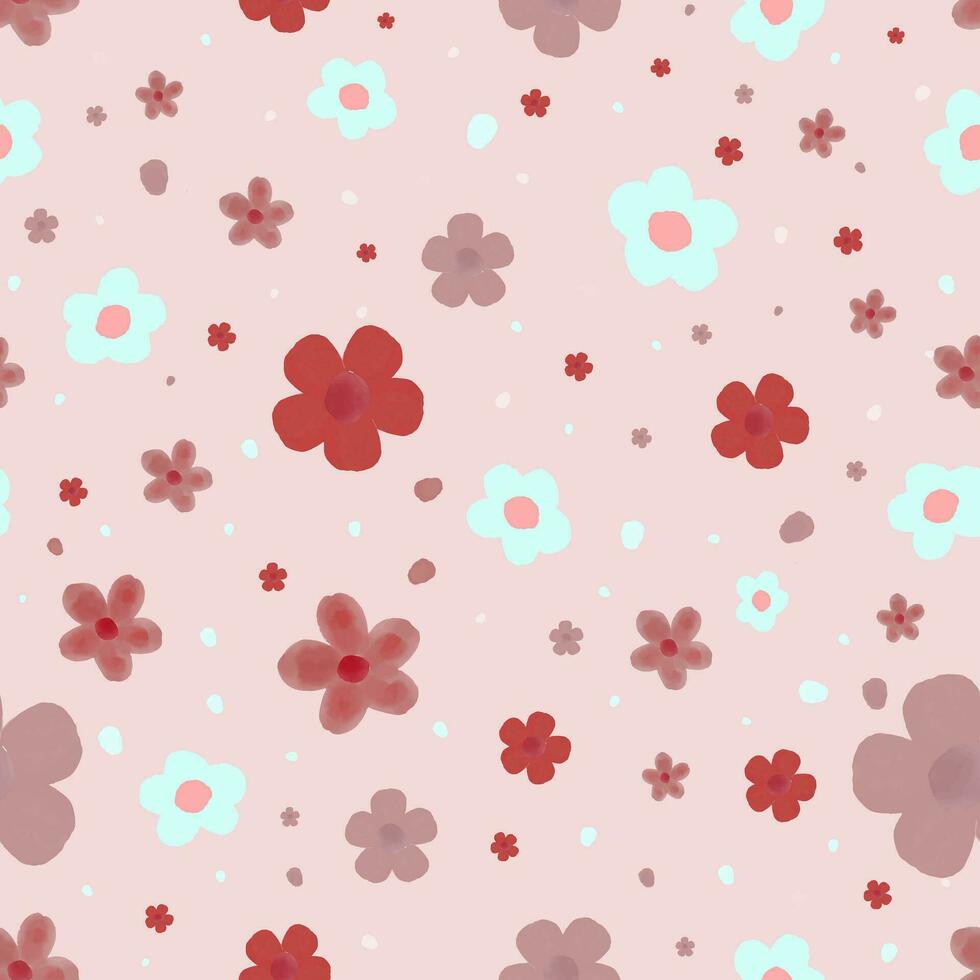 Seamless cute Pink Floral pattern on pastel pink background. Pink flower repeating pattern. Vector Art. Hand-drawn watercolor.