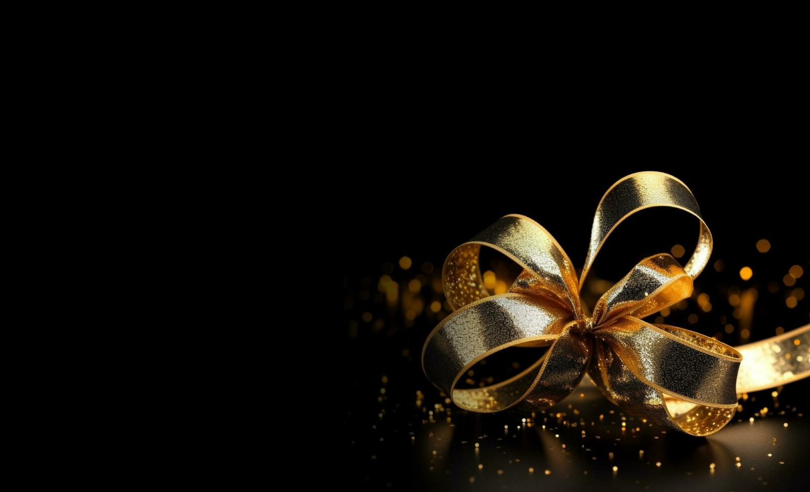 Beautiful gold ribbon with golden sparkle on black background. Premium and elegant gift backdrop. photo