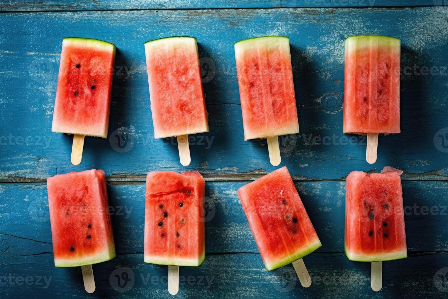 Summer watermelon slice popsicles on a blue rustic wood background. Generative AI photo