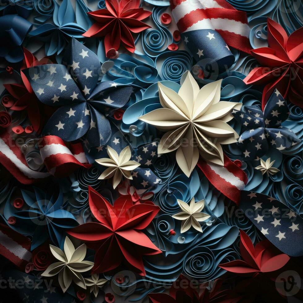 Paper flowers and confetti for Independence Day. Paper origami. Generative AI photo