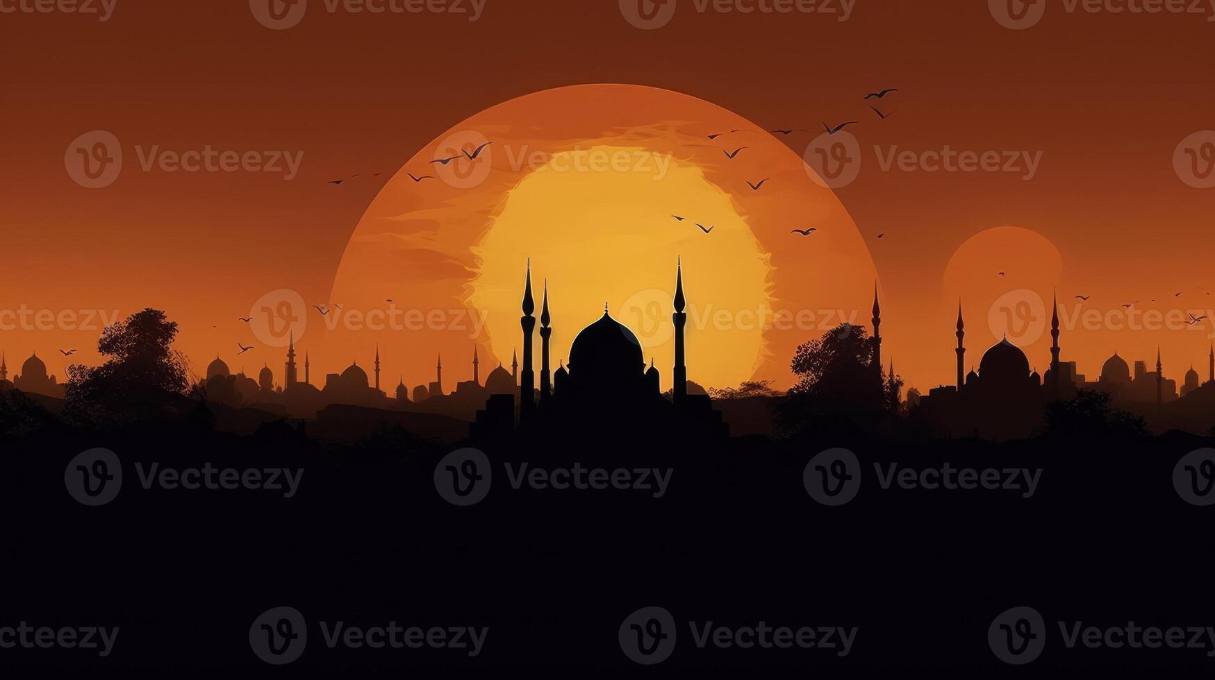 Ramadan background with silhouettes of mosques. Generative AI photo