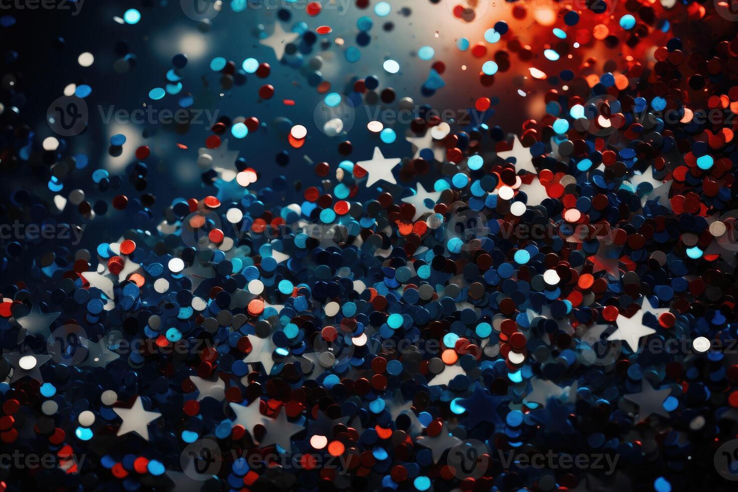 Background of red, white, and blue sparkling glitter scattered with shiny stars confetti. 4th of July celebration background. photo