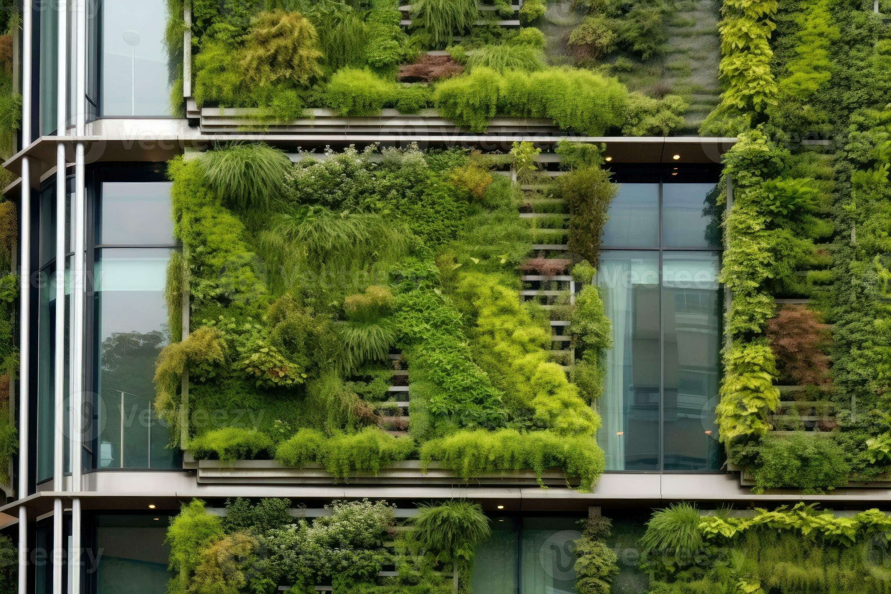 Green facade, vertical garden in architecture. Ecological building ...