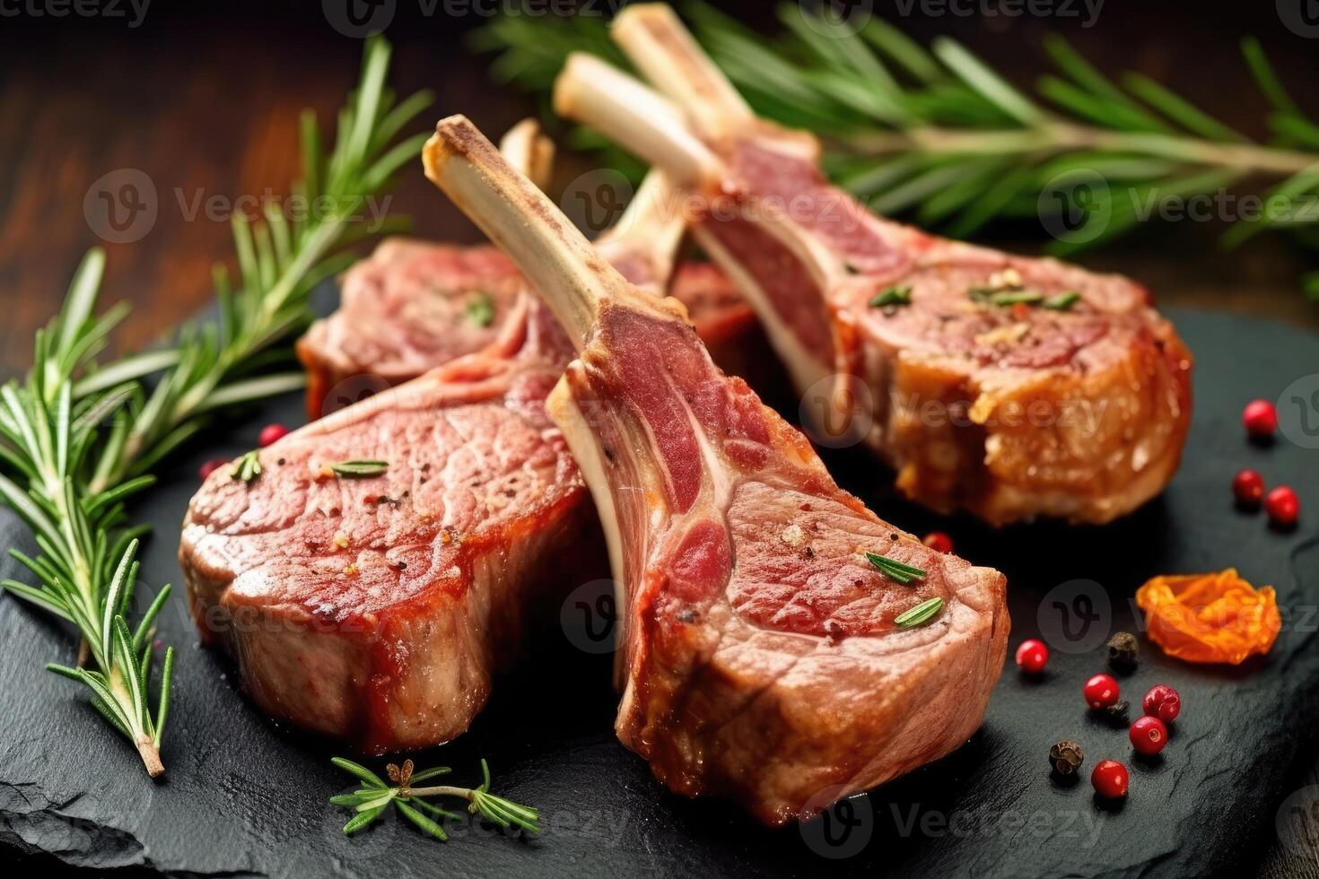 Fresh lamb cutlet with rosemary and pepper. photo