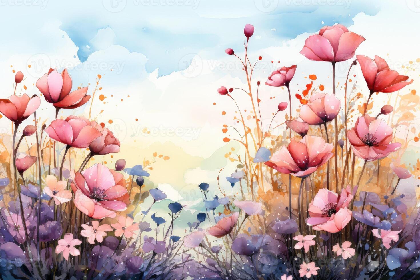 Watercolour beautiful art of poppy flowers. Generative AI photo