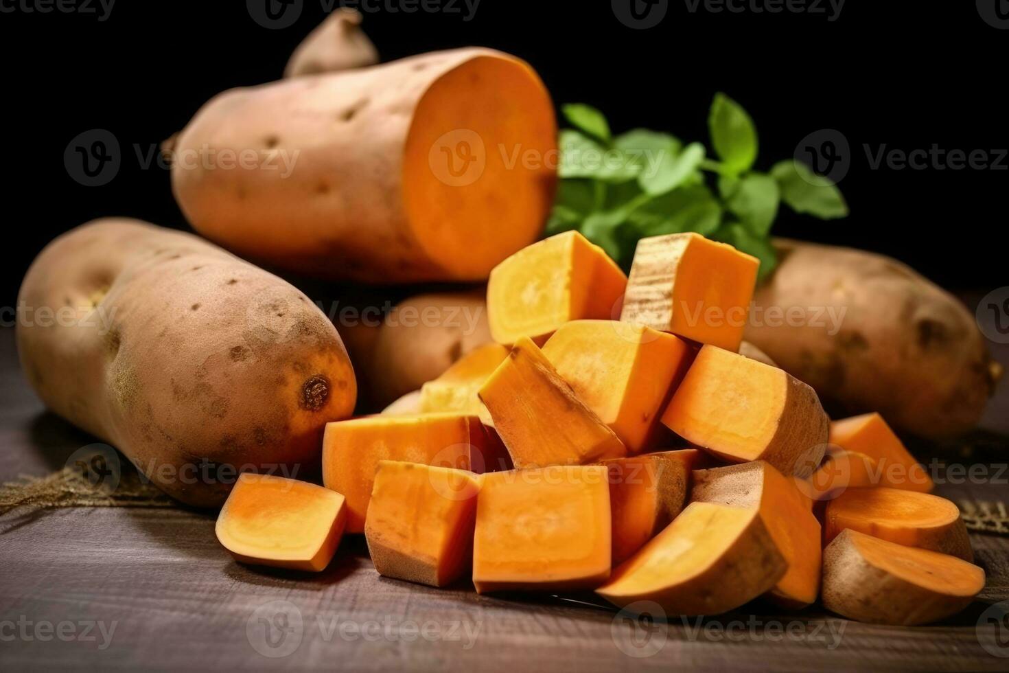 Raw sweet potatoes whole and cut. Generative AI photo