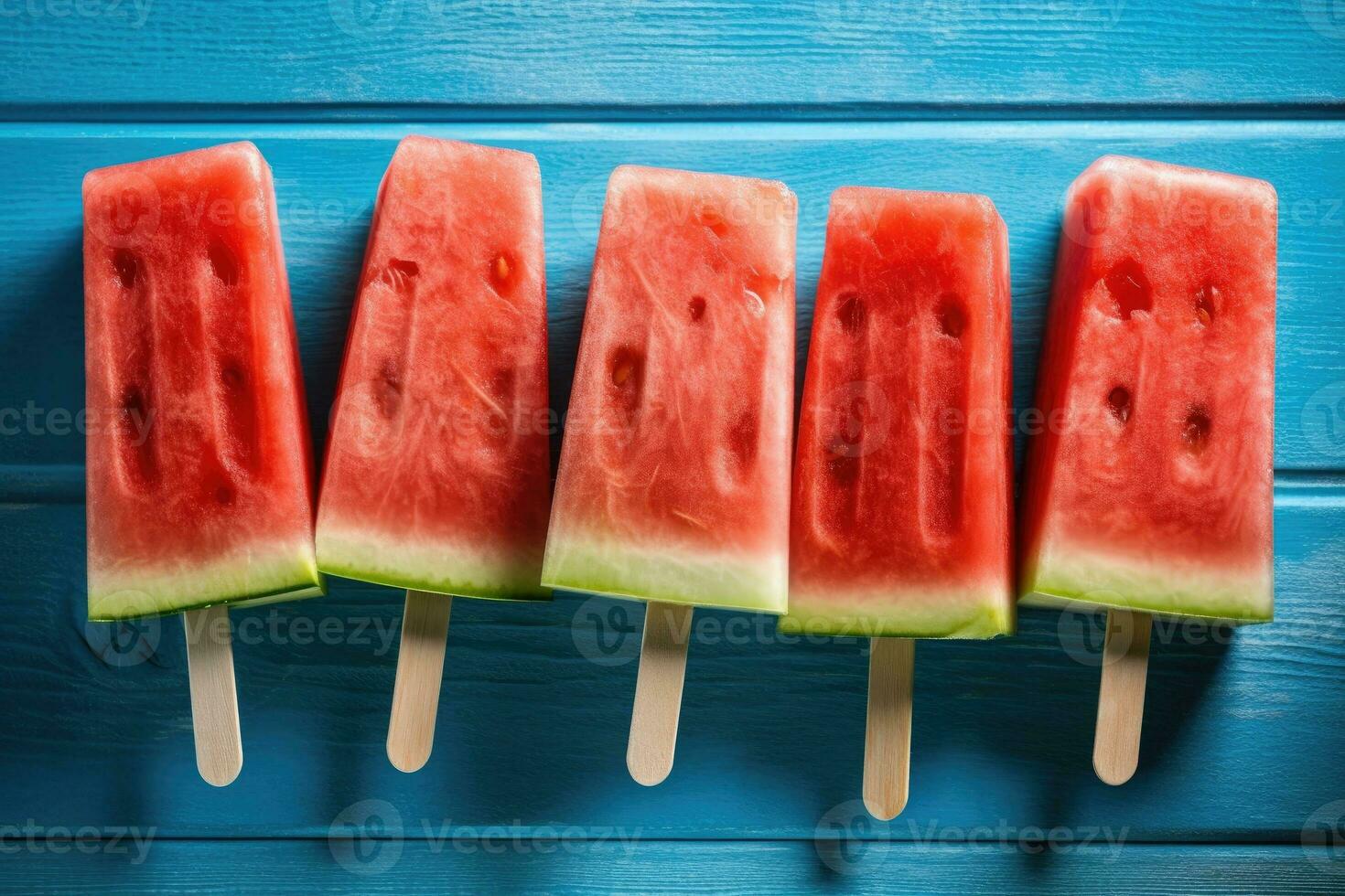 Summer watermelon slice popsicles on a blue rustic wood background. Generative AI photo