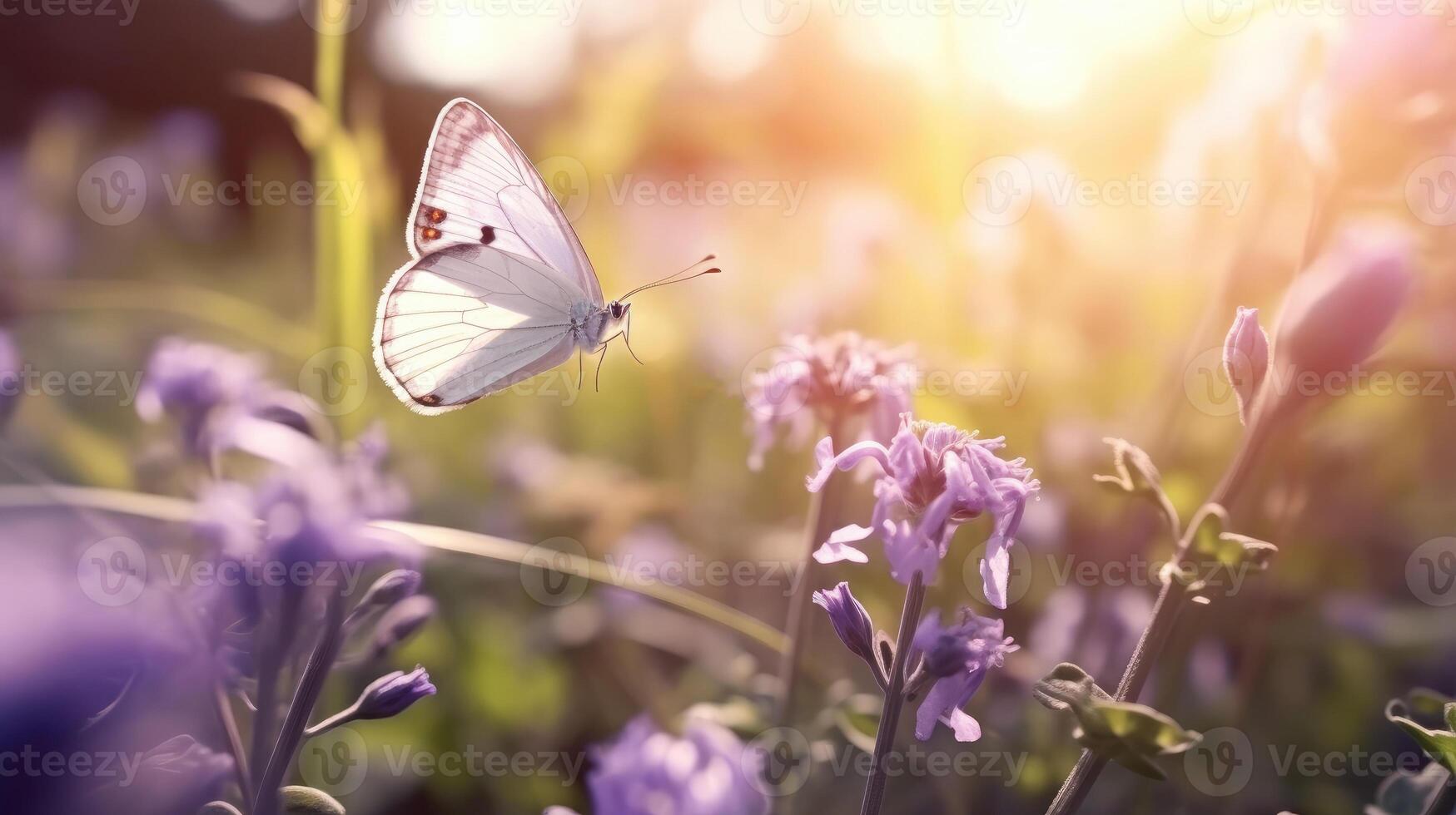 Butterfly on violet lavender flowers. Generative AI photo