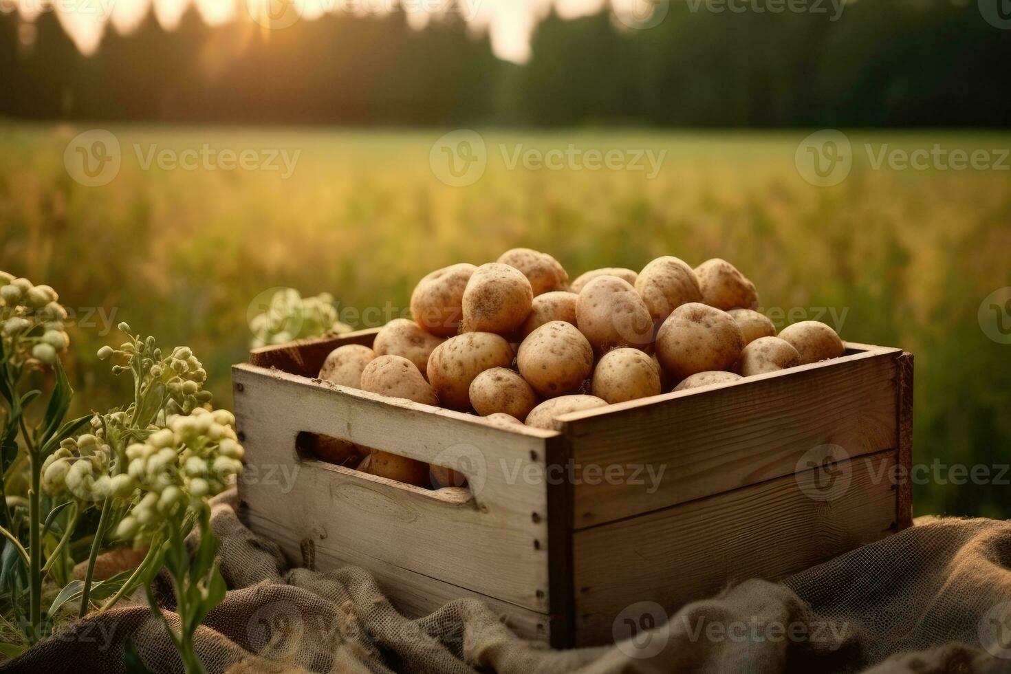 Wooden box full of potatoes in a field. Generative AI photo