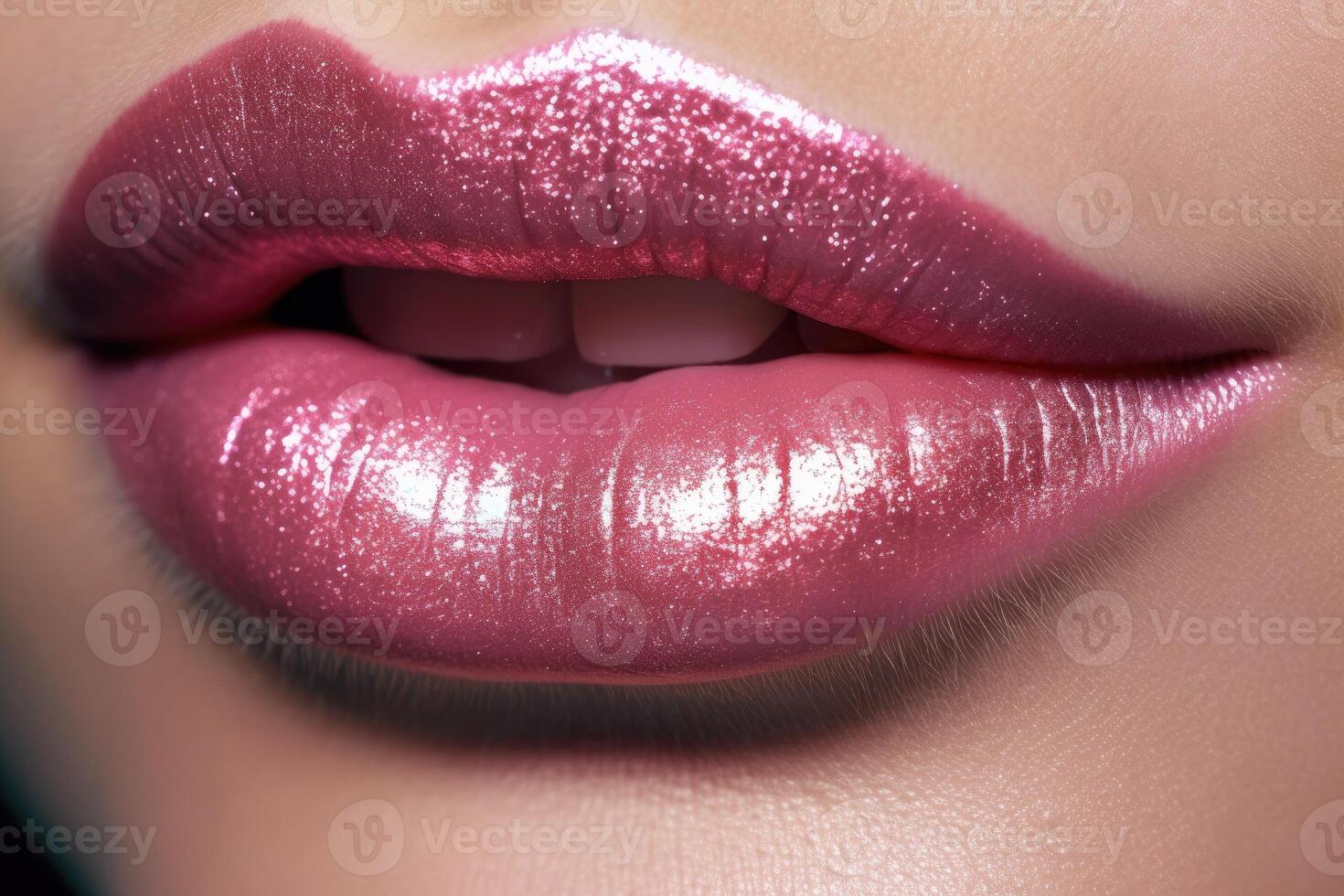 cerca arriba de un muchachas labios con lápiz labial y Brillantina. generativo ai foto