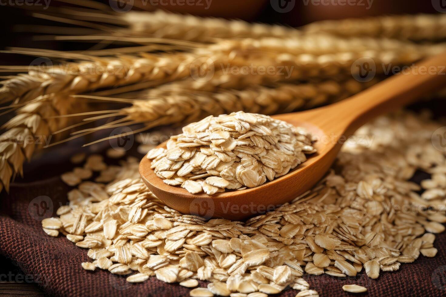 Oatmeal in wooden spoon with ripe oat ears and grains as background. photo