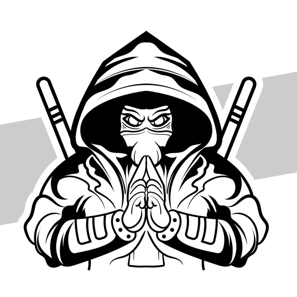 negro y blanco ninja concepto estilo para insignia, emblema y camiseta impresión y tatuajes ninja ilustración vector