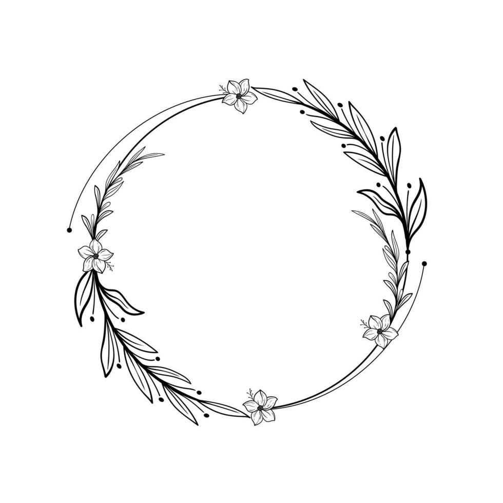 Botanical circle frame. Hand drawn round line border, leaves and flowers, wedding invitation and cards, logo design and posters template vector