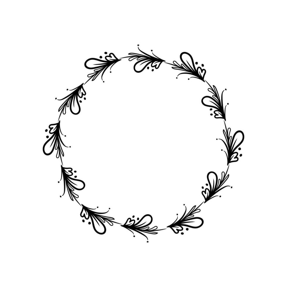 Floral Wreath branch in hand drawn style. Floral round black and white frame of twigs, leaves and flowers. Frames for the Valentine's day, wedding decor, logo and identity template. vector