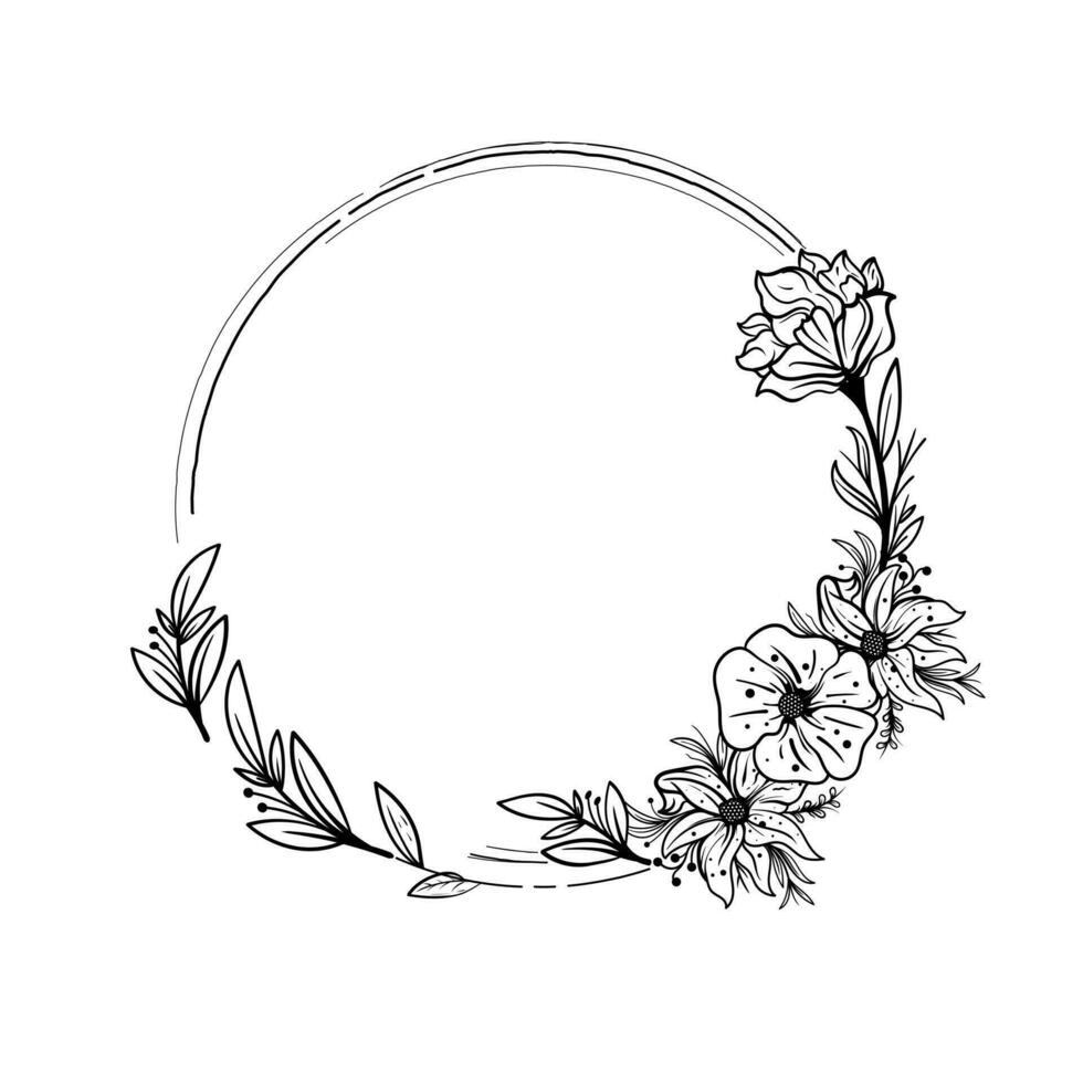 Botanical circle frame. Hand drawn round line border, leaves and flowers, wedding invitation and cards, logo design and posters template vector