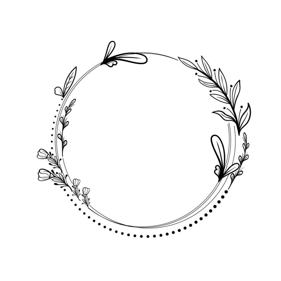 Botanical circle frame. Hand drawn round line border, leaves and flowers, wedding invitation and cards, logo design and posters template vector