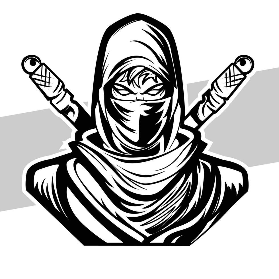 Black and white ninja Concept style for badge, emblem and tshirt printing and Tattoos ninja illustration vector