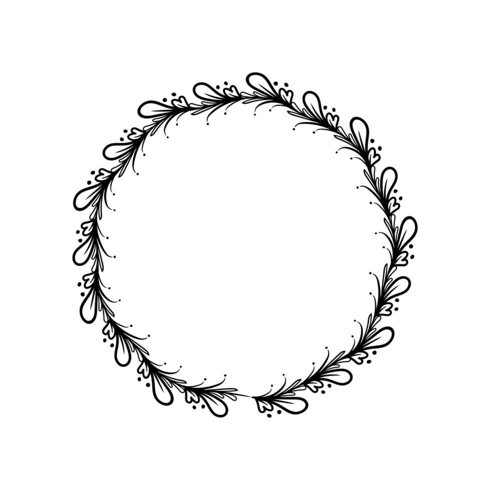 Floral Wreath branch in hand drawn style. Floral round black and white frame of twigs, leaves and flowers. Frames for the Valentine's day, wedding decor, logo and identity template. vector