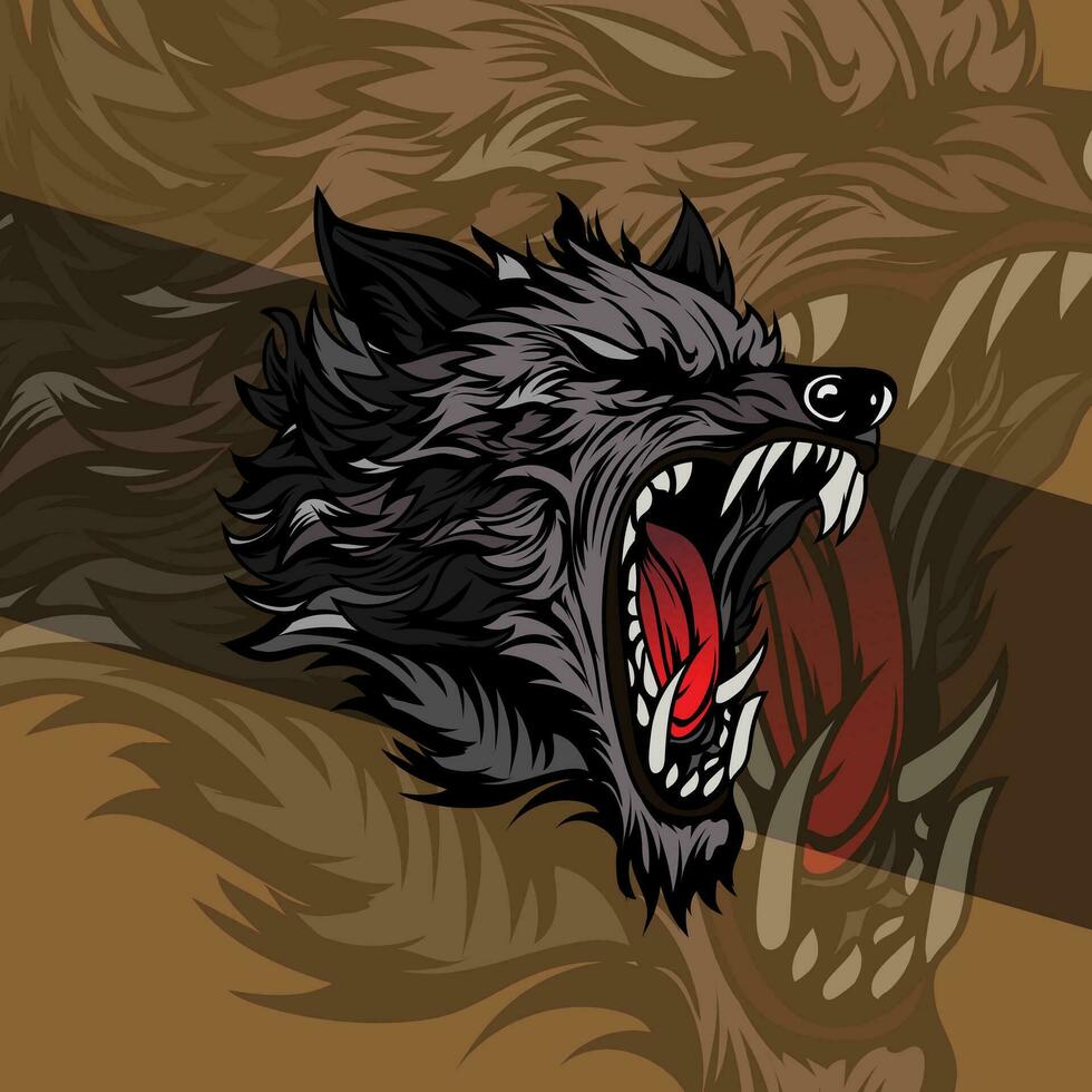 vicioso lobo cabeza detalle ilustración mascota agresivo rugido en medio noche vector