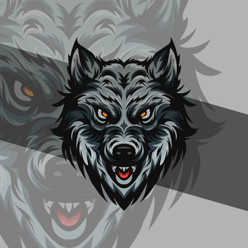 vicioso lobo cabeza detalle ilustración mascota agresivo rugido en medio noche vector