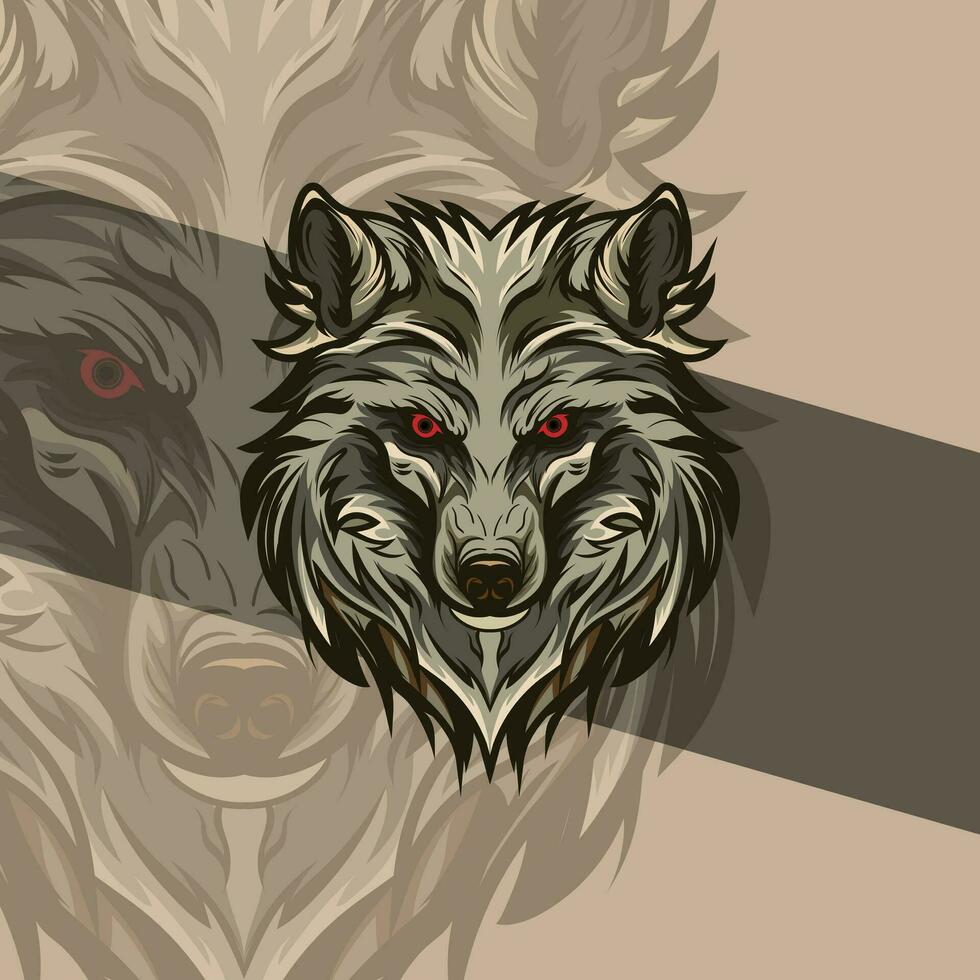 vicioso lobo cabeza detalle ilustración mascota agresivo rugido en medio noche vector