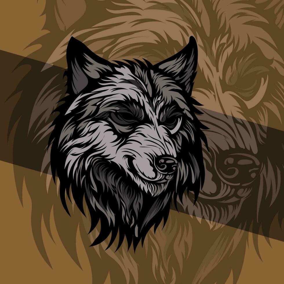 Vicious wolf head detail illustration mascot aggressive roaring in mid night vector