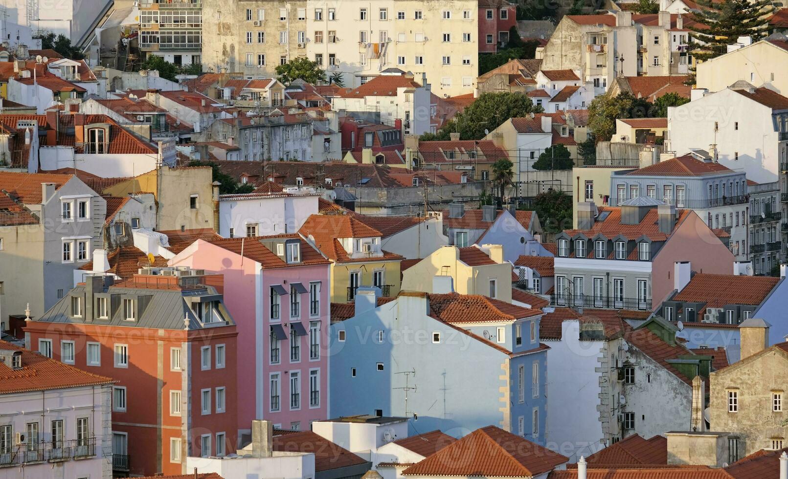 edificios y techo tapas en Lisboa en el tarde horas con claro cielo foto