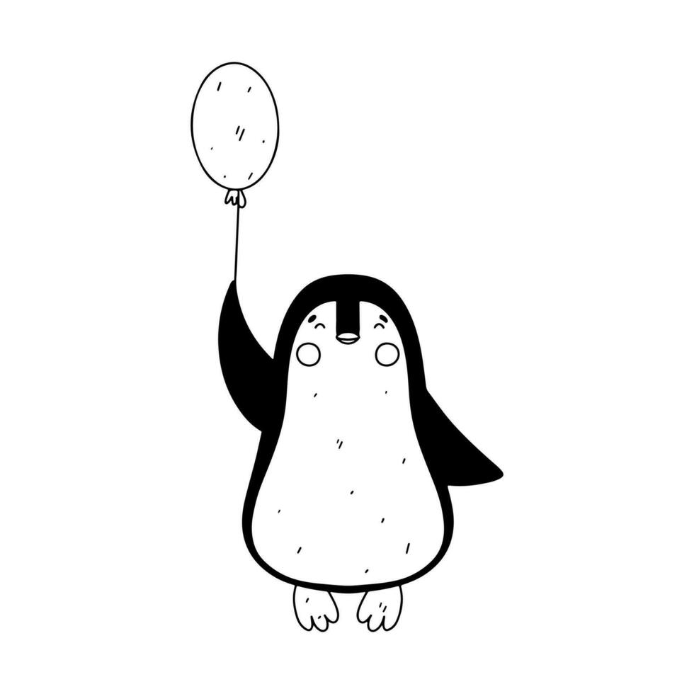 Cute penguin flying with bubble in hand drawn doodle style. Vector illustration isolated on white. Coloring page.