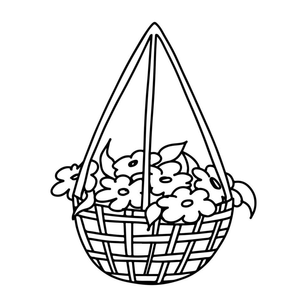 Garden flowers in basket in hand drawn doodle style. Vector illustration isolated on white. Coloring page.