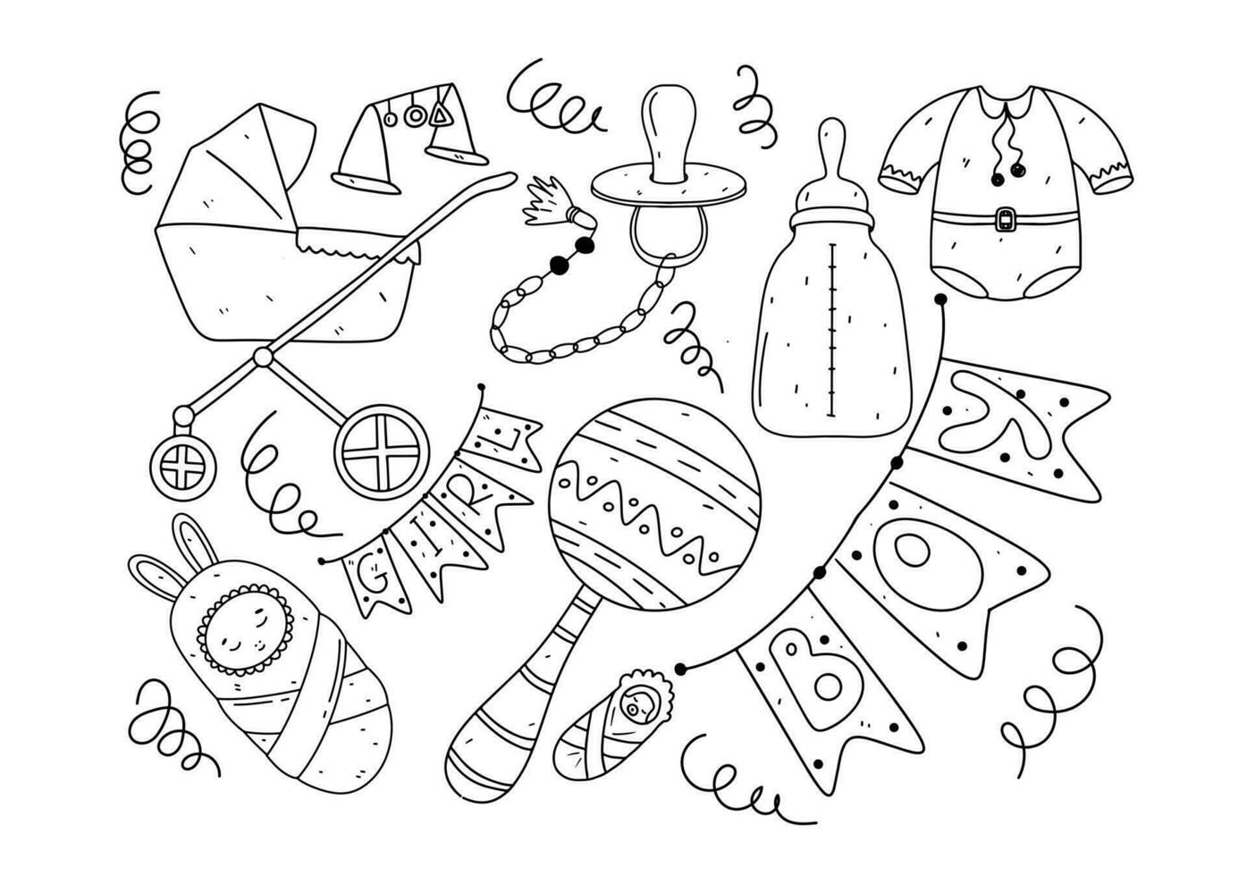 Baby elements set in hand drawn doodle style. Vector illustration isolated on white. Coloring page.