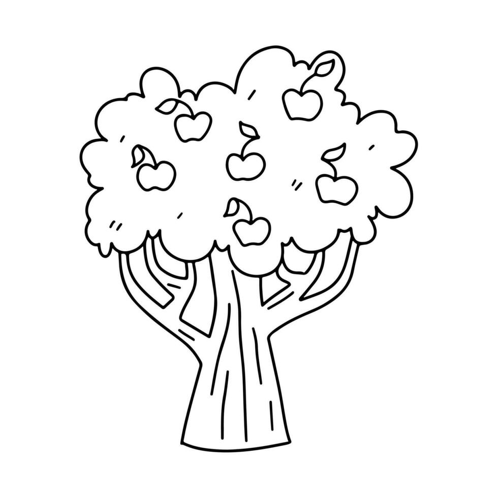 Tree with apples in hand drawn doodle style. Vector illustration isolated on white. Coloring page.