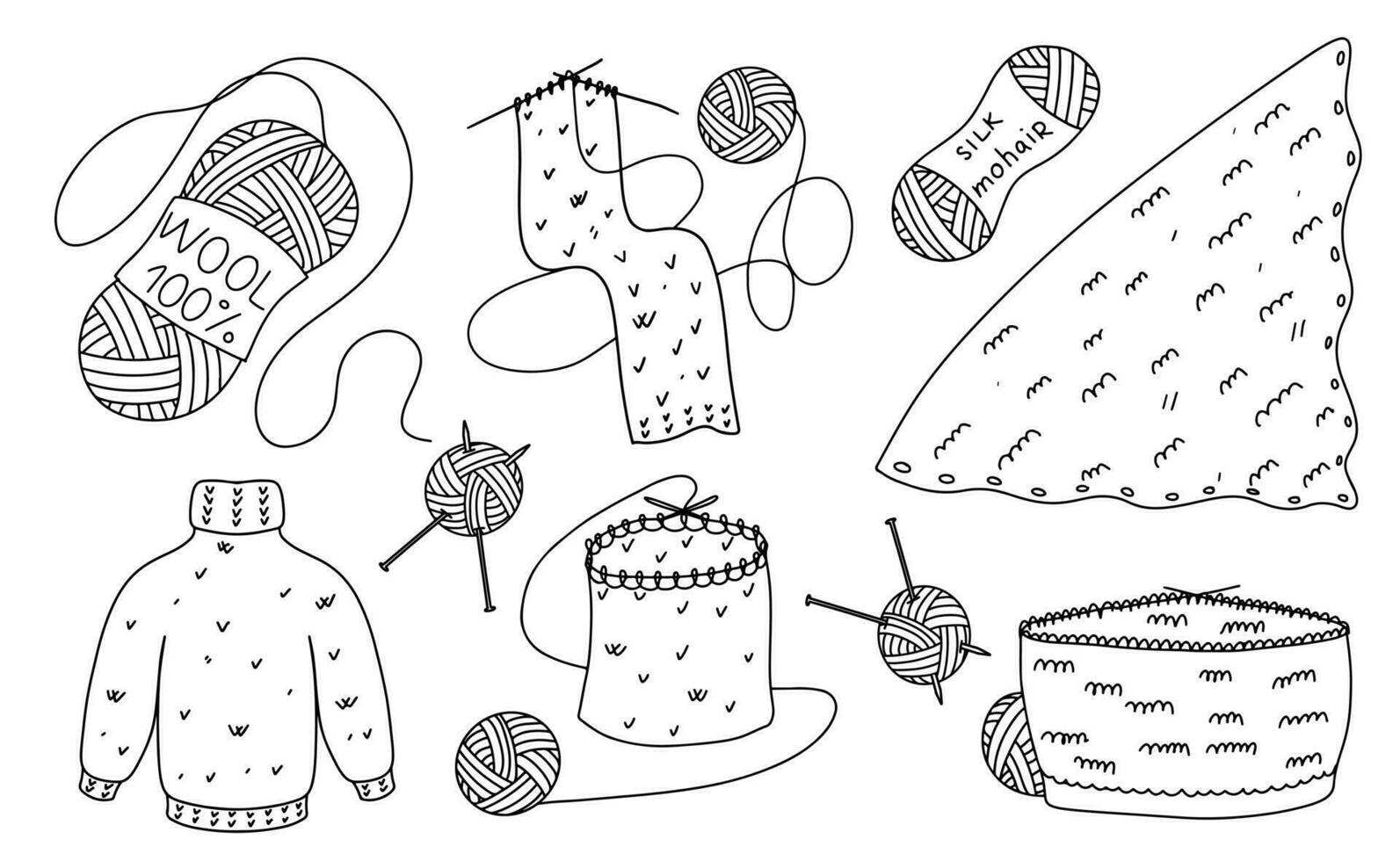 Knitting set in hand drawn doodle style. Vector illustration isolated on white. Coloring page.