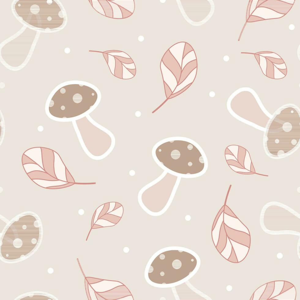 Vector seamless pattern with leaf and mushroom hand drawn design for fabric textile wall