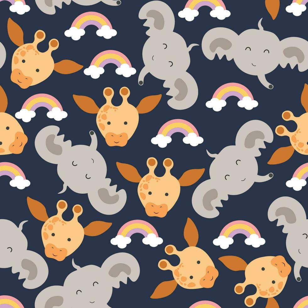 Vector seamless pattern with cute kawaii elephant and giraffe cartoon animals background childish