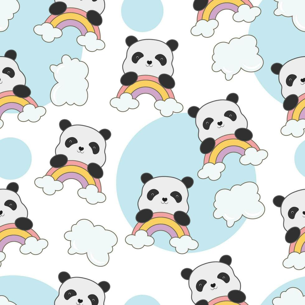 Vector seamless pattern with cute kawaii panda cartoon animals background childish