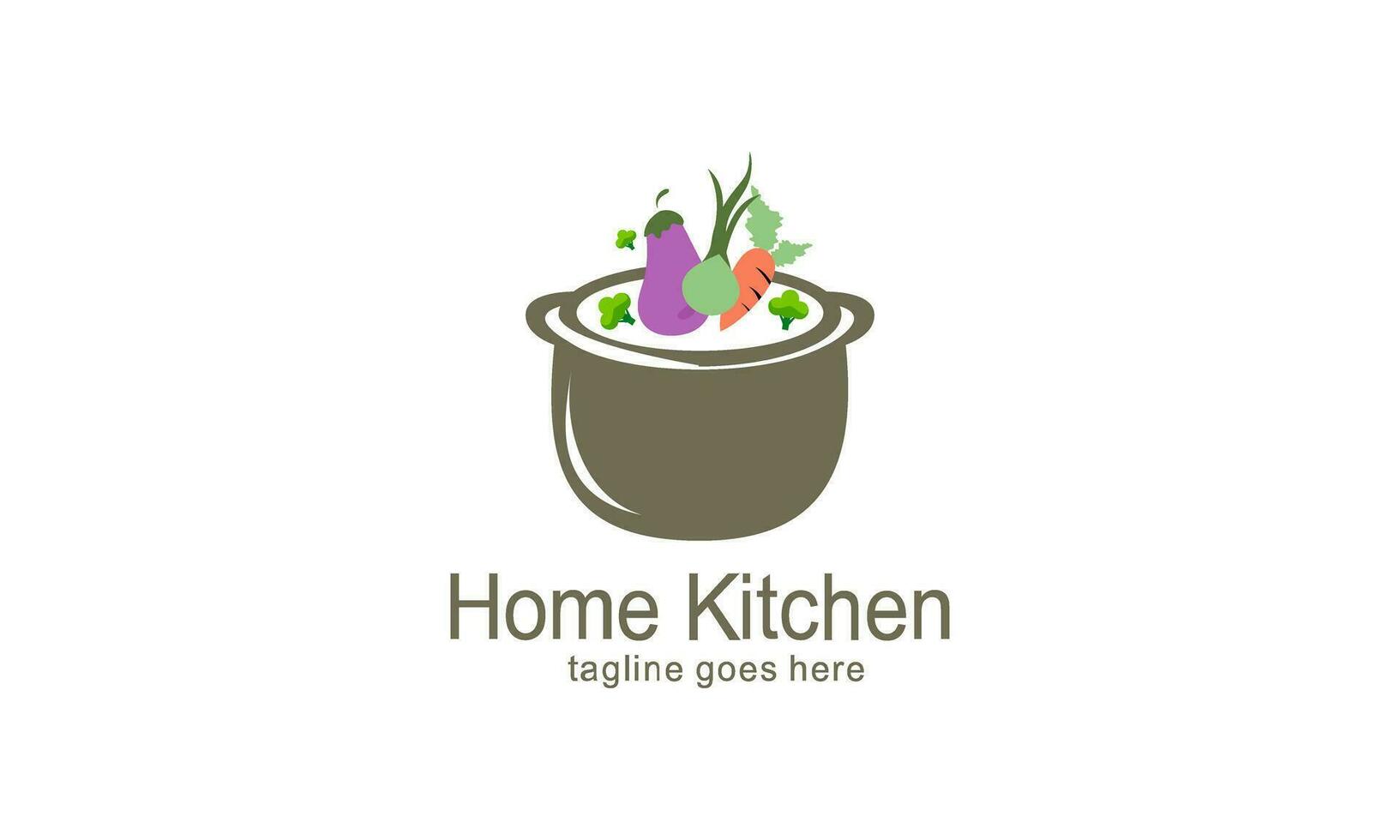 Home kitchen logo with pot full of healthy vegetables and vitamins logo vector